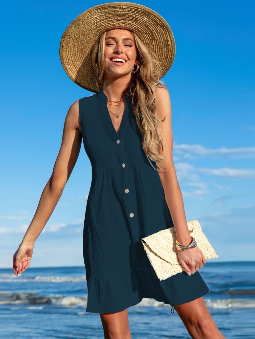Cupshe Dark Teal Sleeveless Button V-Neck Mini Dress